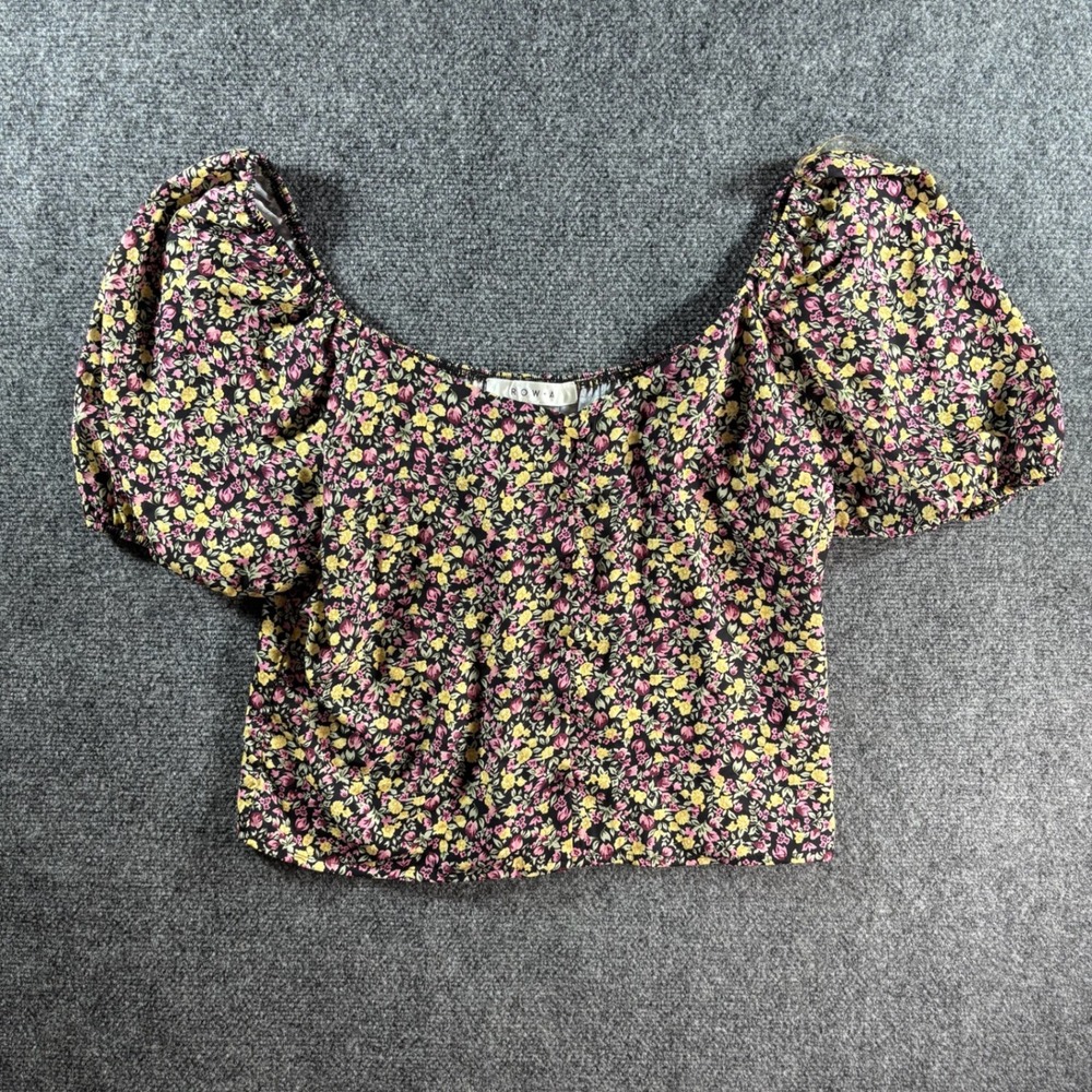 Row A Floral Puff‎ Sleeve Crop Top Womens XL Black Yellow Ditsy Boho NWT